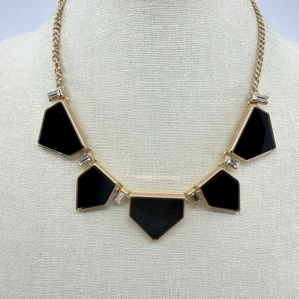 Gold Tone Geometric Link Statement Necklace Black Enamel Crystal Collar Gift